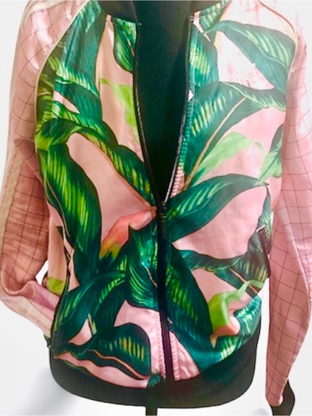 adidas Pink Bomber Jacket with Green Tropical Leaf Print